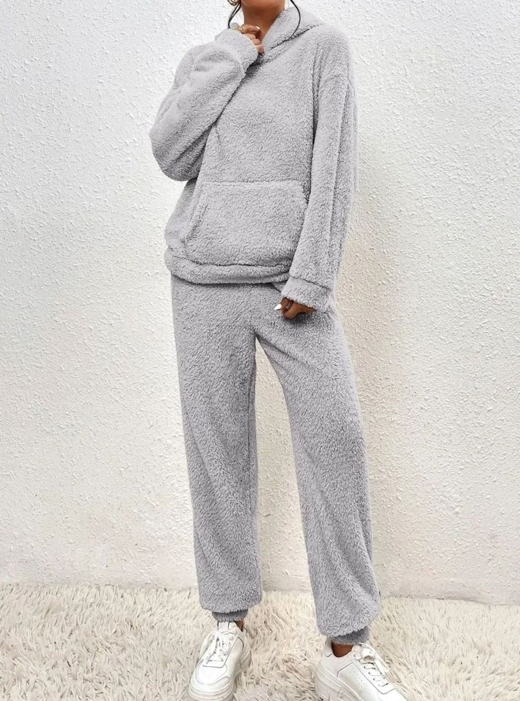 Women's Plush Fleece Hoodie Two-Piece Set Straight-Leg Lounge Tracksuit