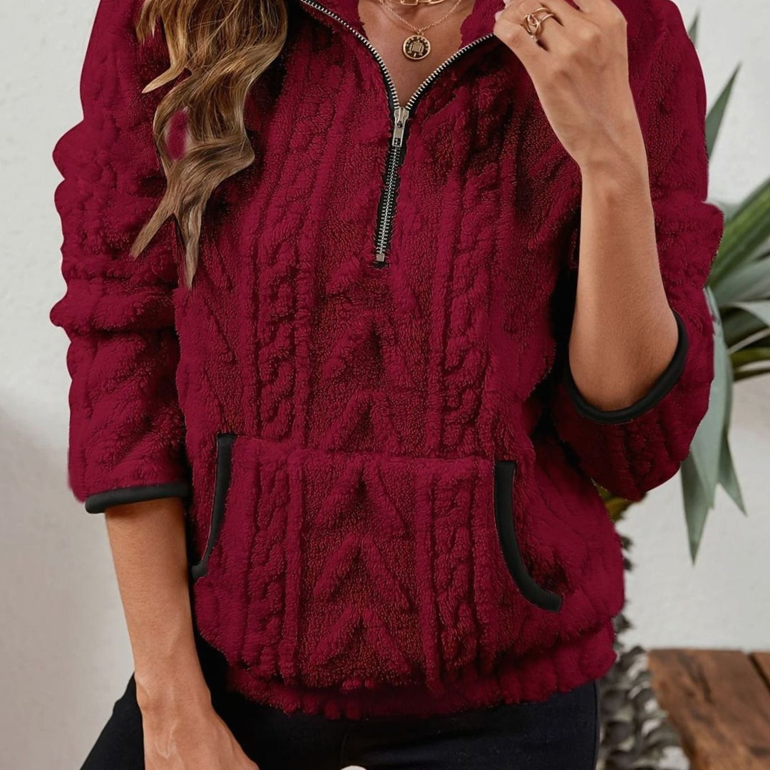 Women's Plush Half-Zip Kangaroo Pocket Pullover Sweater - Burgundy