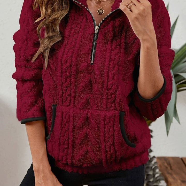 Women's Plush Half-Zip Kangaroo Pocket Pullover Sweater - Burgundy