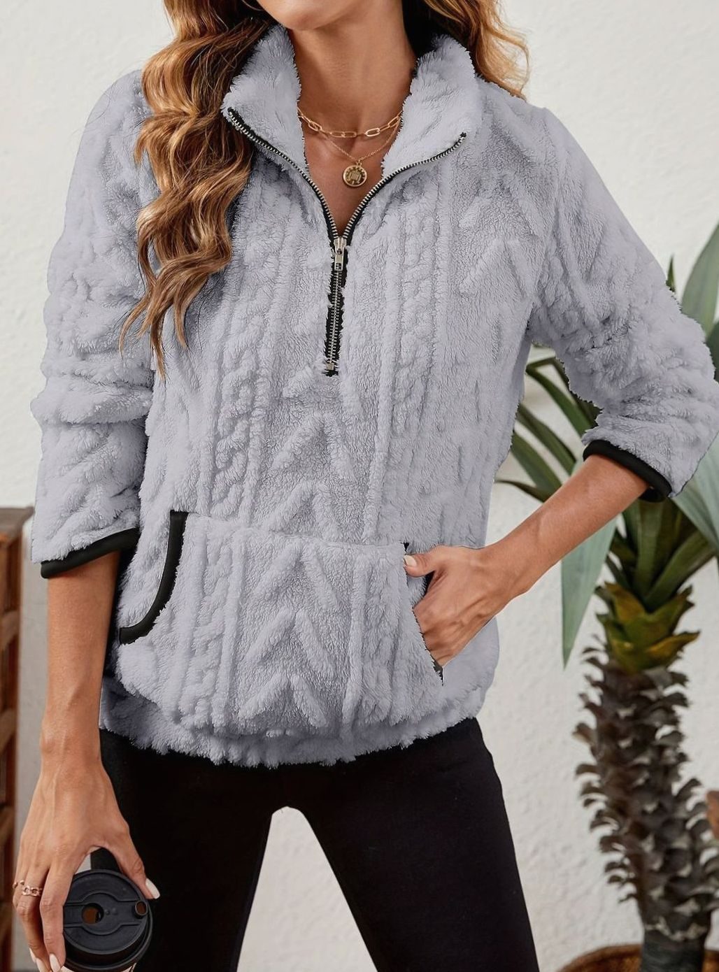 Women's Plush Half-Zip Kangaroo Pocket Pullover Sweater