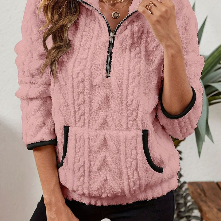 Women's Plush Half-Zip Kangaroo Pocket Pullover Sweater - Pink