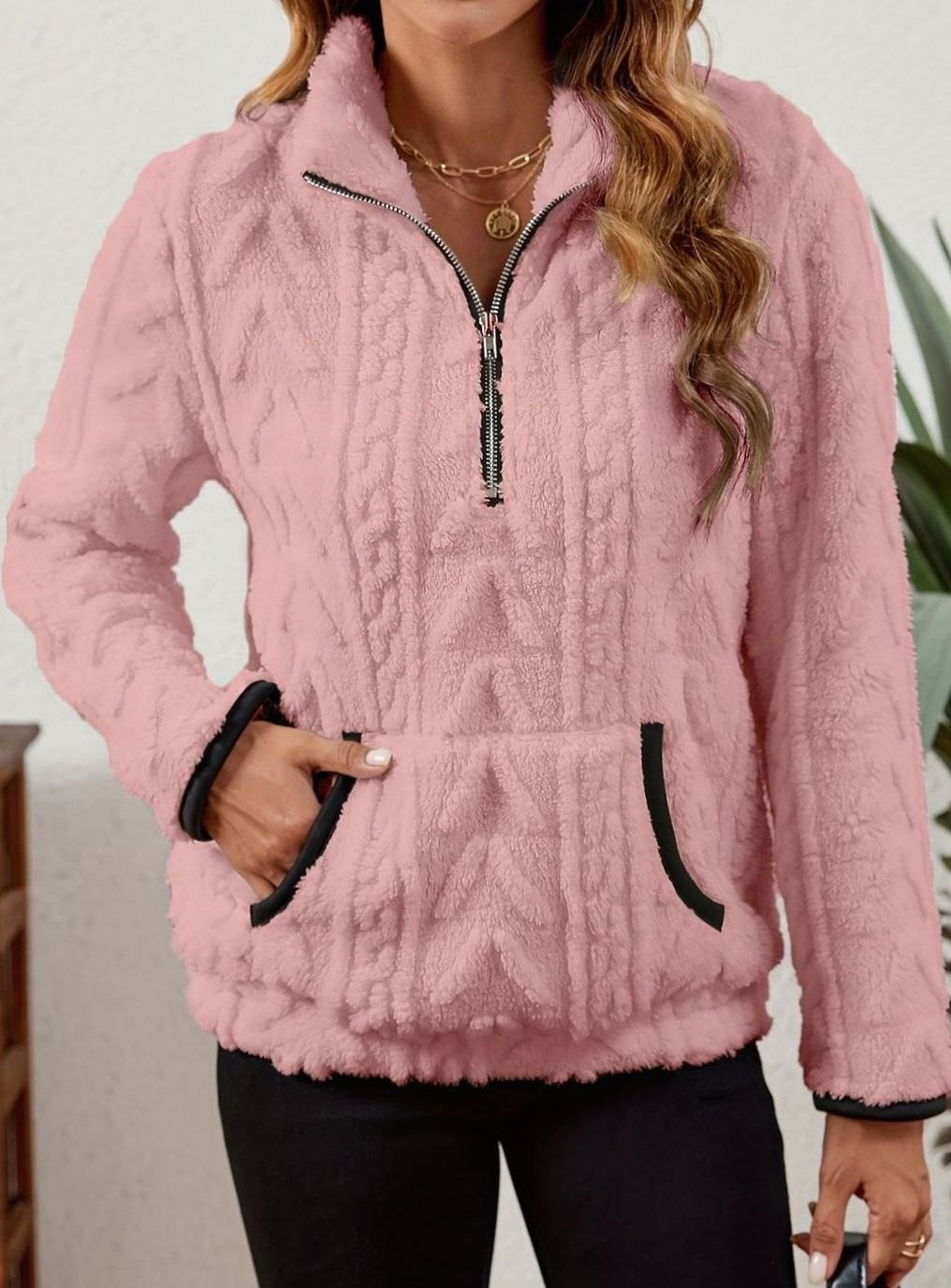 Women's Plush Half-Zip Kangaroo Pocket Pullover Sweater