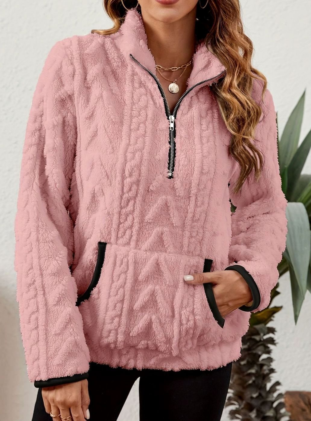 Women's Plush Half-Zip Kangaroo Pocket Pullover Sweater
