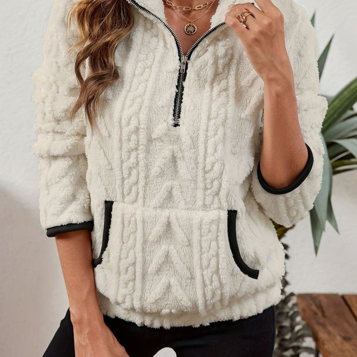 Women's Plush Half-Zip Kangaroo Pocket Pullover Sweater - White