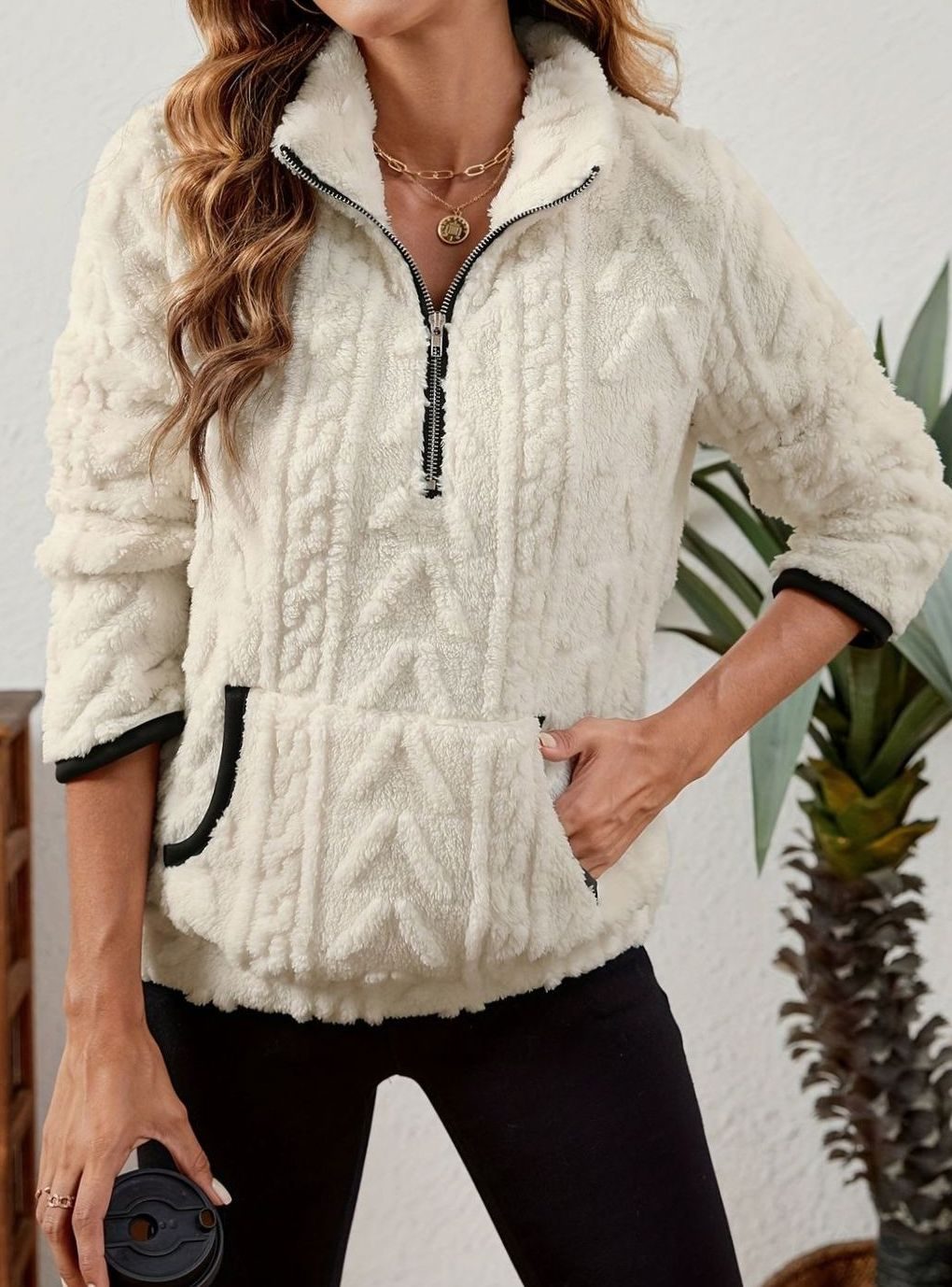 Women's Plush Half-Zip Kangaroo Pocket Pullover Sweater