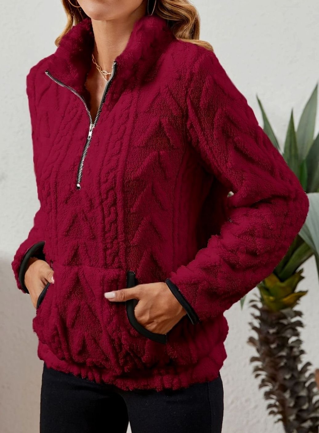 Women's Plush Half-Zip Kangaroo Pocket Pullover Sweater