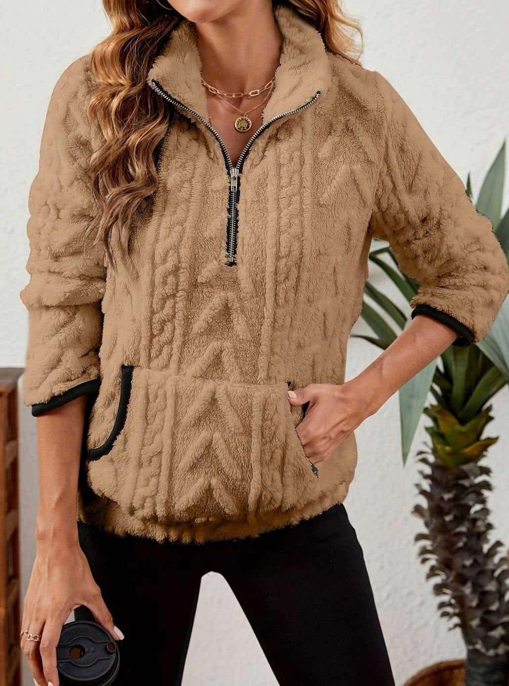 Women's Plush Half-Zip Kangaroo Pocket Pullover Sweater