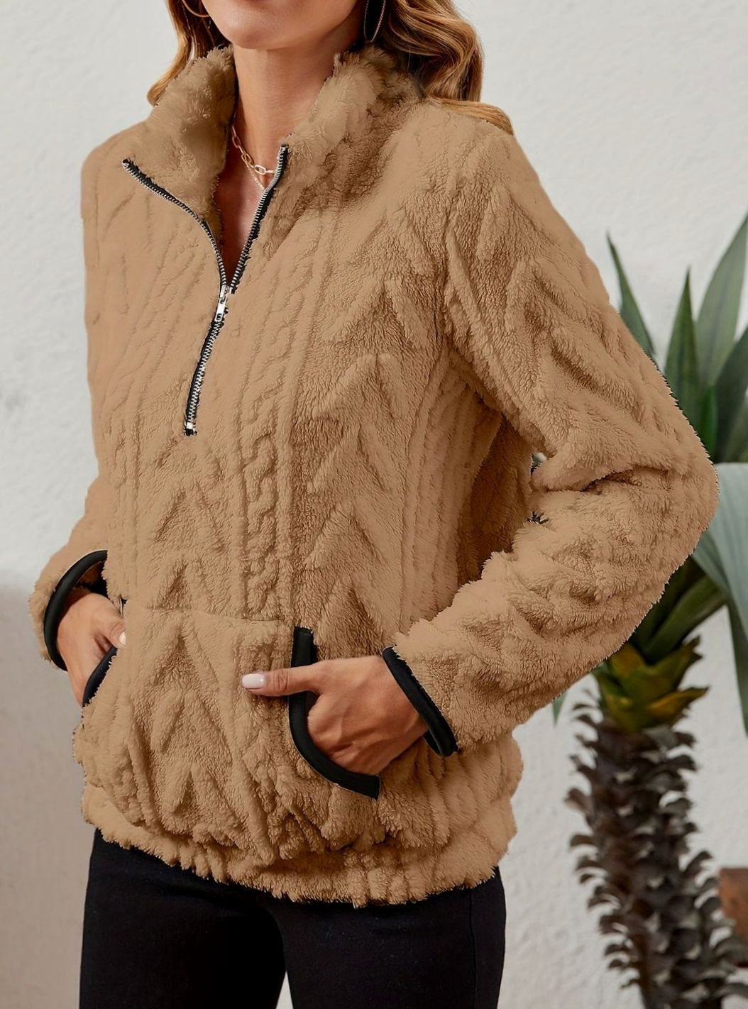 Women's Plush Half-Zip Kangaroo Pocket Pullover Sweater