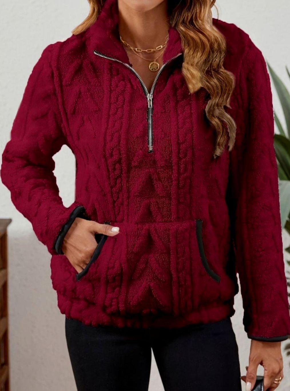 Women's Plush Half-Zip Kangaroo Pocket Pullover Sweater