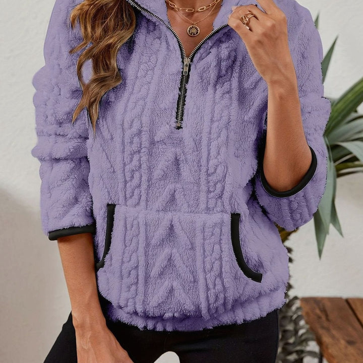 Women's Plush Half-Zip Kangaroo Pocket Pullover Sweater - Purple