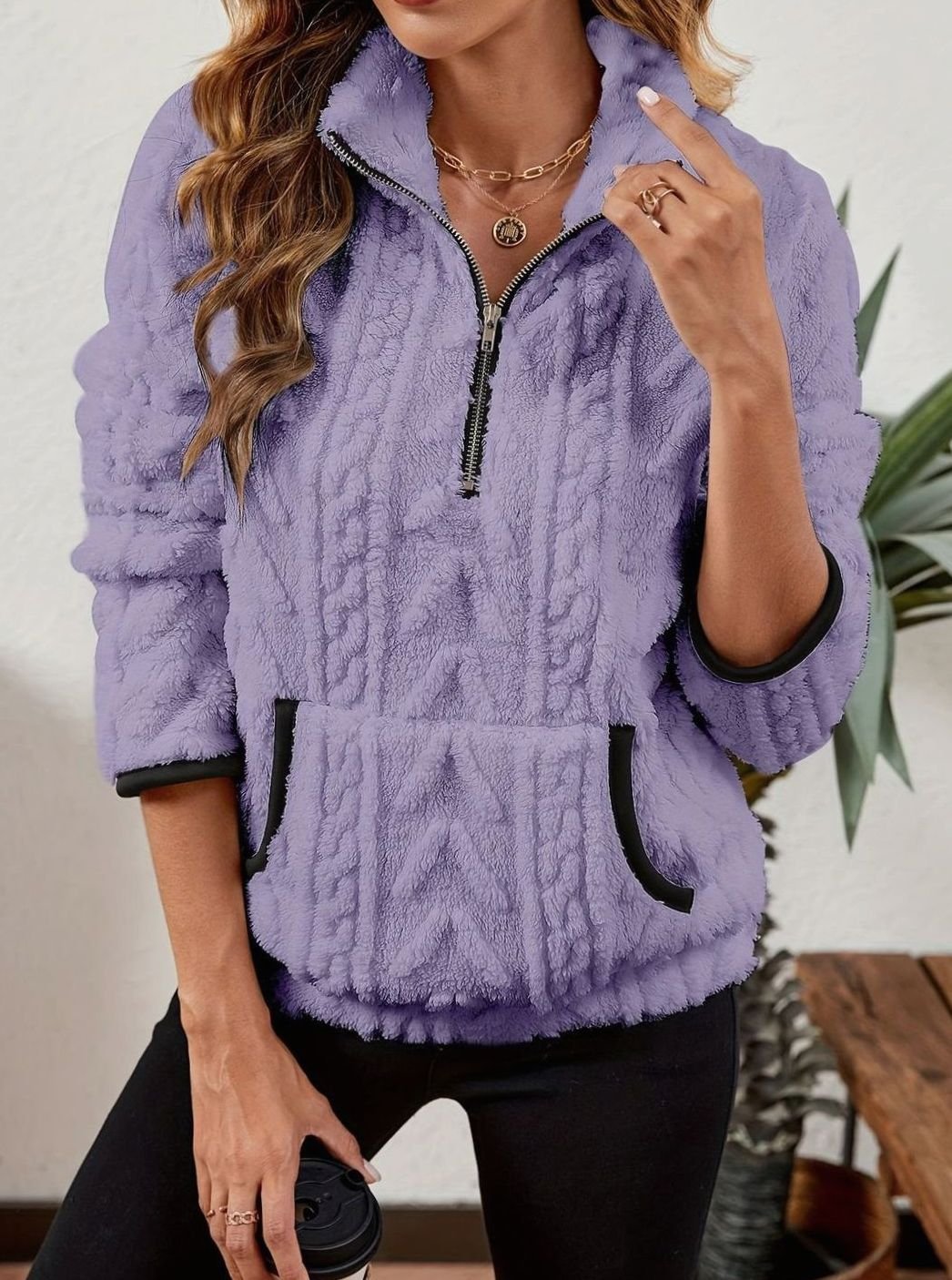 Women's Plush Half-Zip Kangaroo Pocket Pullover Sweater