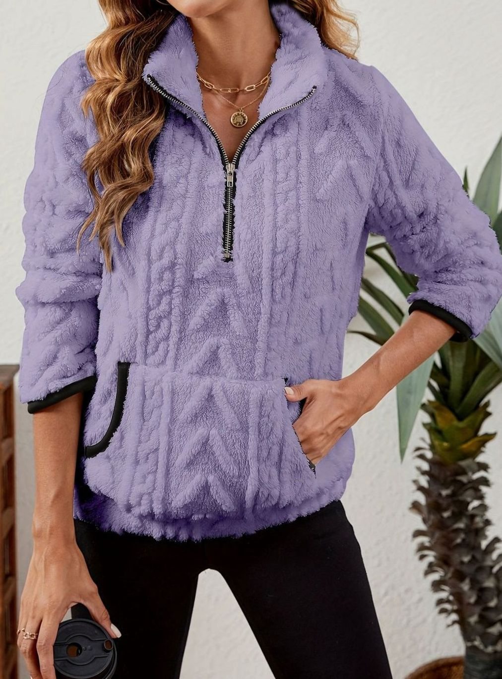 Women's Plush Half-Zip Kangaroo Pocket Pullover Sweater