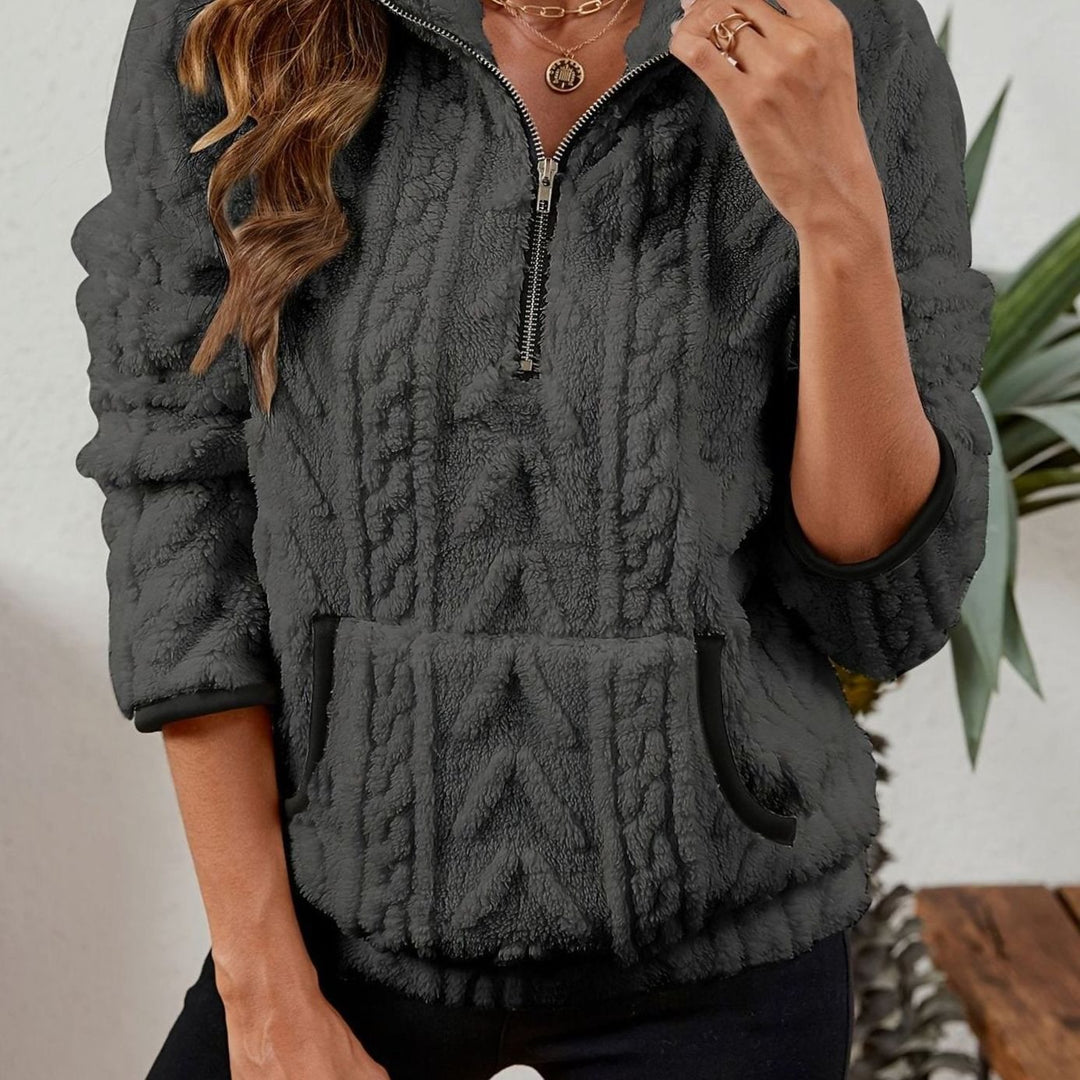 Women's Plush Half-Zip Kangaroo Pocket Pullover Sweater - Dark Gray