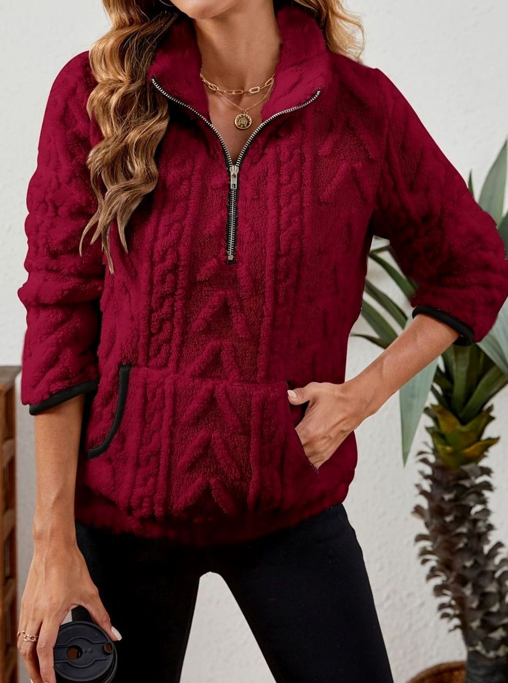 Women's Plush Half-Zip Kangaroo Pocket Pullover Sweater