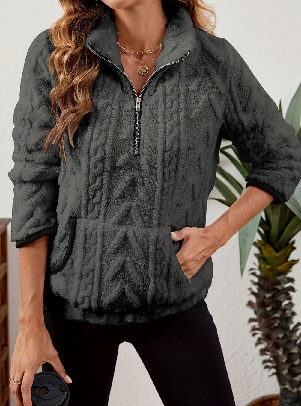 Women's Plush Half-Zip Kangaroo Pocket Pullover Sweater