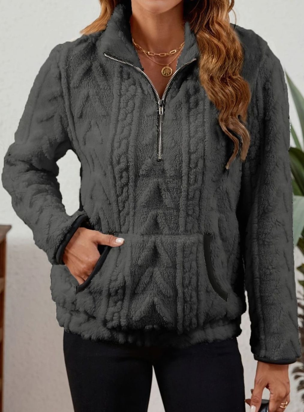 Women's Plush Half-Zip Kangaroo Pocket Pullover Sweater