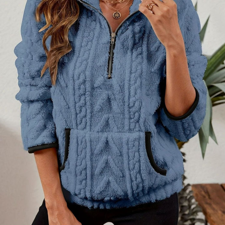 Women's Plush Half-Zip Kangaroo Pocket Pullover Sweater - Blue