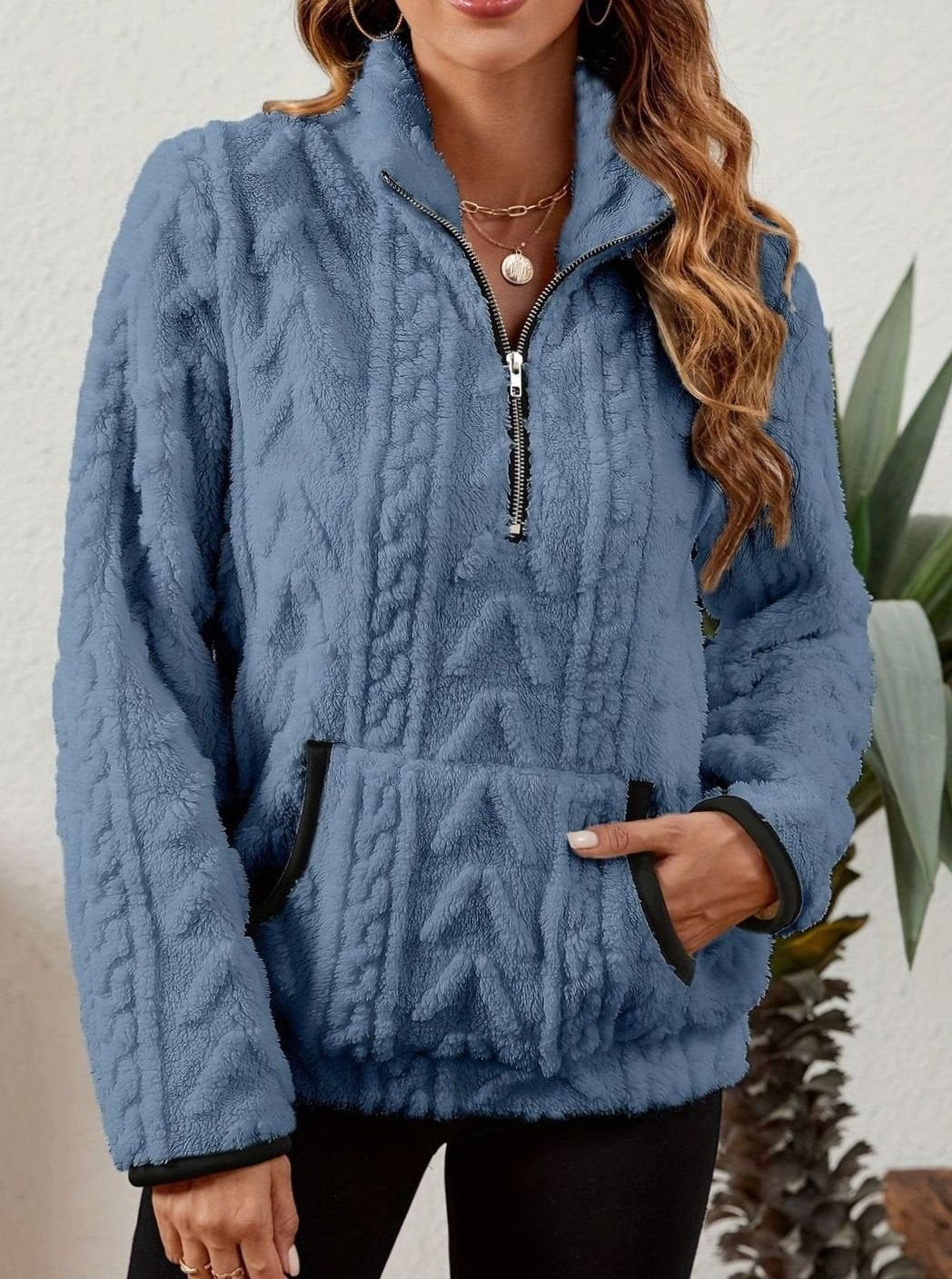 Women's Plush Half-Zip Kangaroo Pocket Pullover Sweater