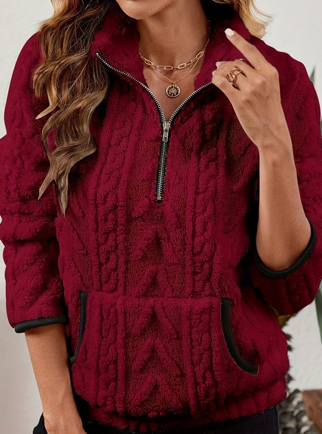 Women's Plush Half-Zip Kangaroo Pocket Pullover Sweater