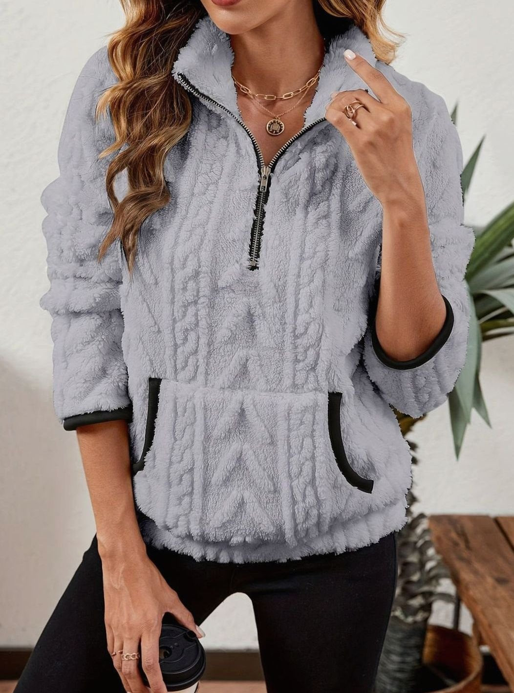 Women's Plush Half-Zip Kangaroo Pocket Pullover Sweater