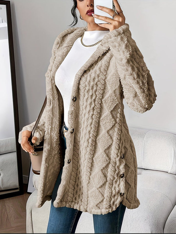 Women's Plush Hooded Button-Front Longline Cardigan - Khaki