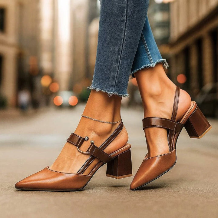 Women's Pointed-Toe Block-Heel Slingback Buckle-Strap Pumps - Brown