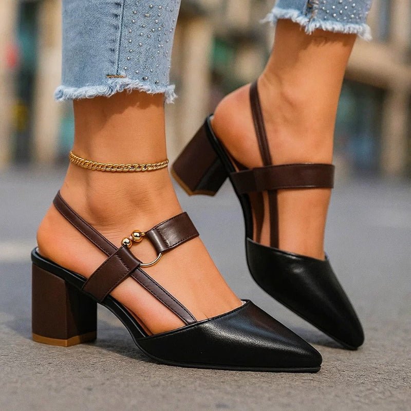 Women's Pointed-Toe Block-Heel Slingback Buckle-Strap Pumps - Black