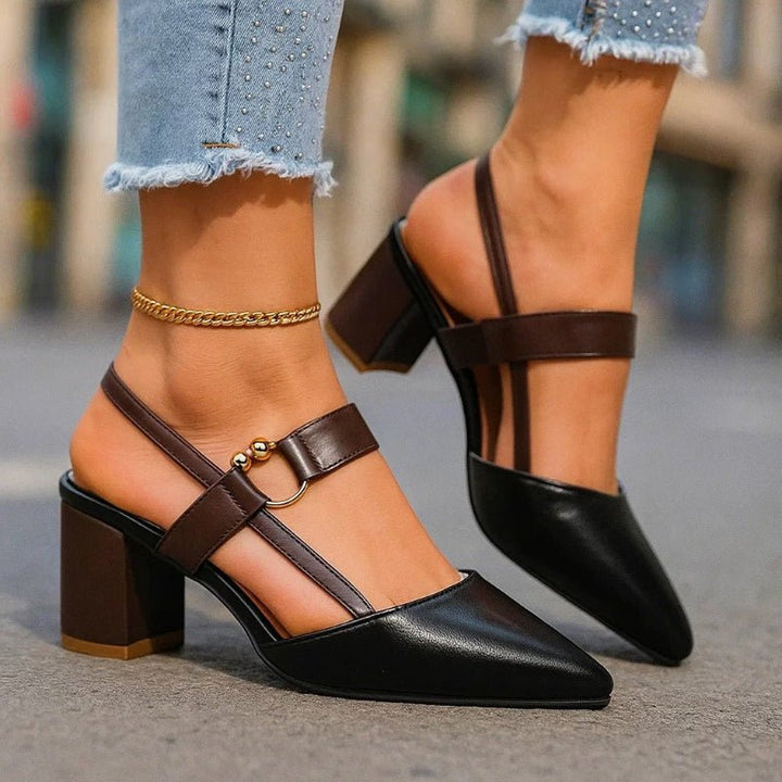 Women's Pointed-Toe Block-Heel Slingback Buckle-Strap Pumps - Black