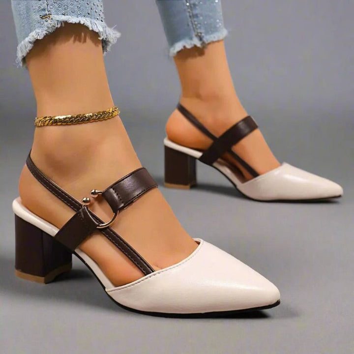 Women's Pointed-Toe Block-Heel Slingback Buckle-Strap Pumps - Beige