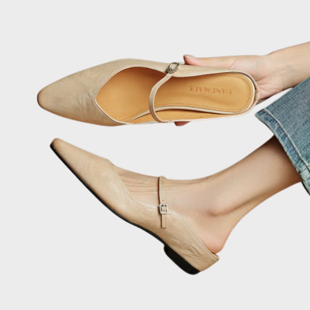Women's Pointed-Toe Buckle-Strap Slip-On Mary Jane Mule Flats - Beige