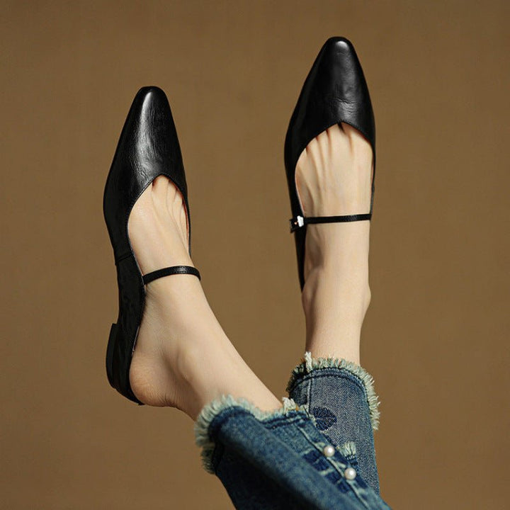 Women's Pointed-Toe Buckle-Strap Slip-On Mary Jane Mule Flats - Schwarz