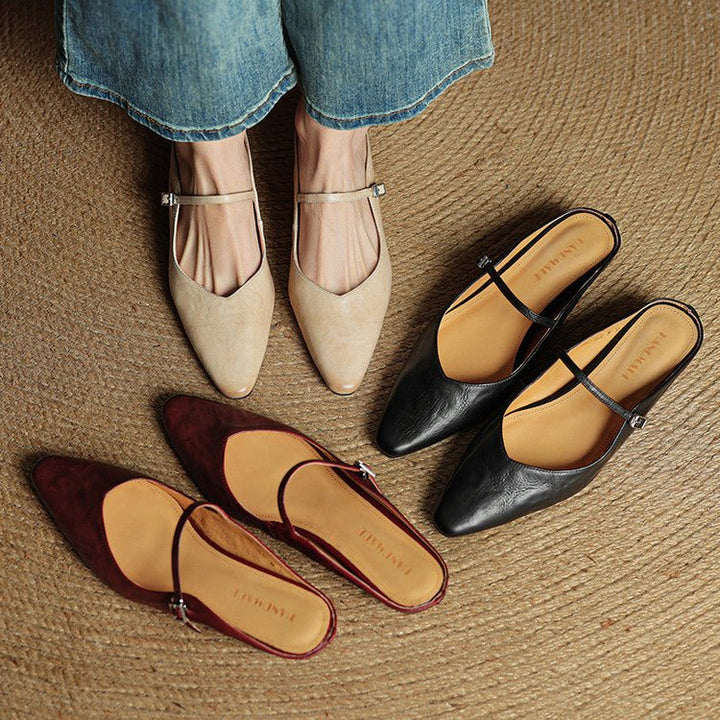 Women's Pointed-Toe Buckle-Strap Slip-On Mary Jane Mule Flats