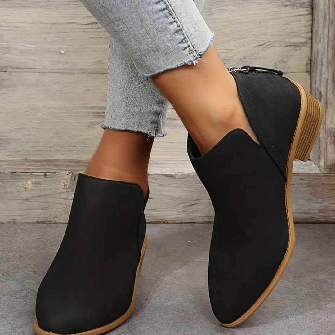 Women's Pointed-Toe Low Block Heel Slip-On Boots - Black