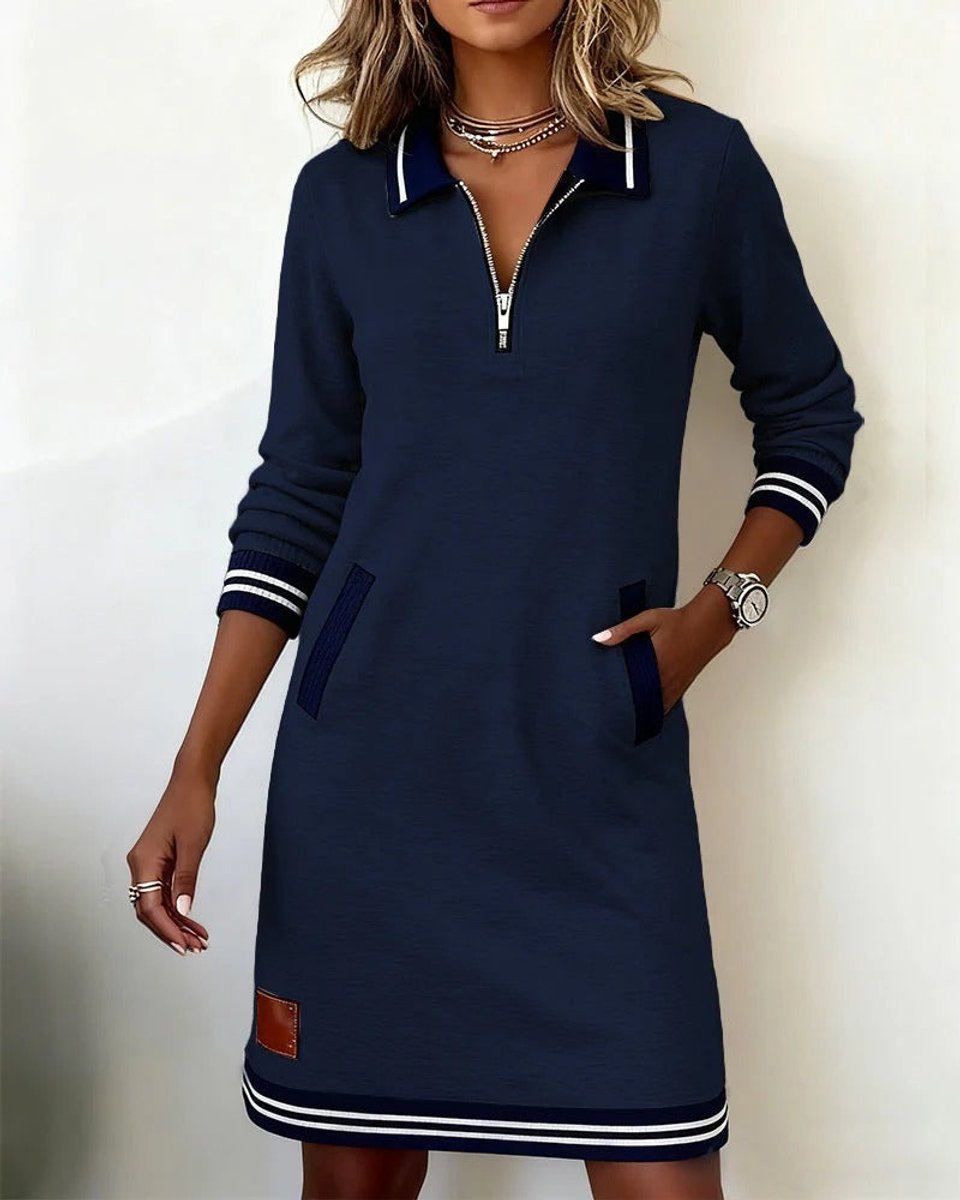 Women's Quarter-Zip Polo Long Sleeve Dress Striped Trim