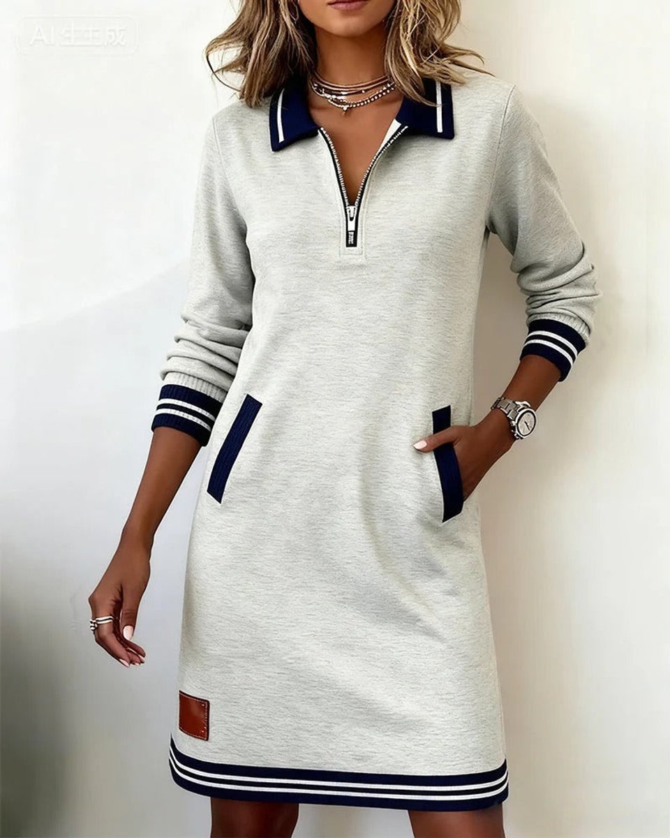 Women's Quarter-Zip Polo Long Sleeve Dress Striped Trim - Gray