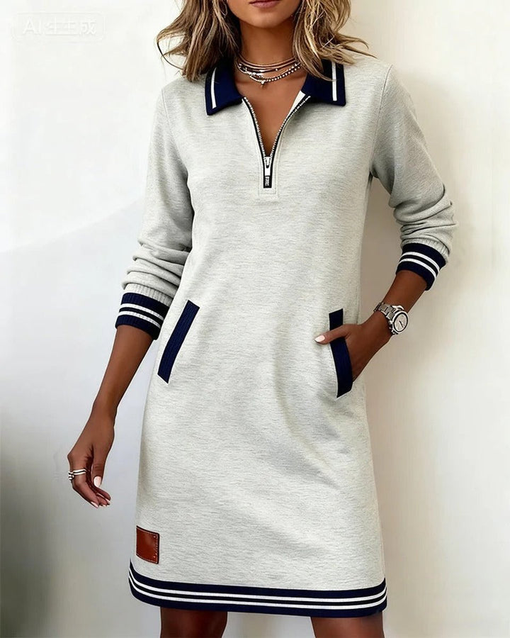 Women's Quarter-Zip Polo Long Sleeve Dress Striped Trim - Gray