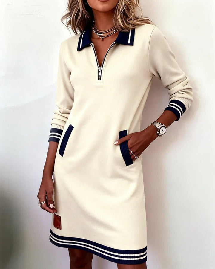 Women's Quarter-Zip Polo Long Sleeve Dress Striped Trim - White