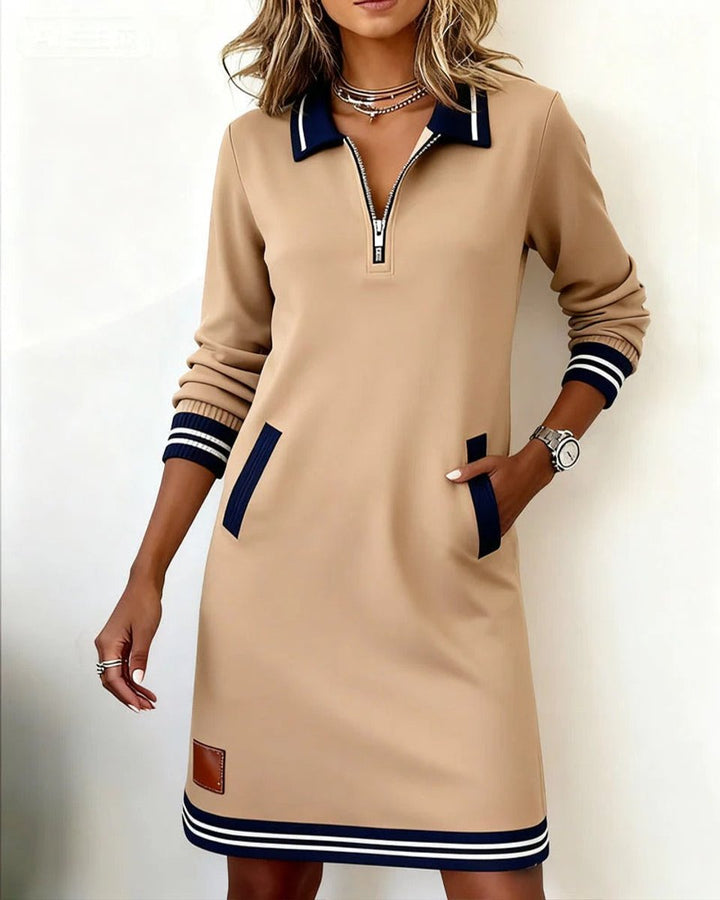 Women's Quarter-Zip Polo Long Sleeve Dress Striped Trim - Beige