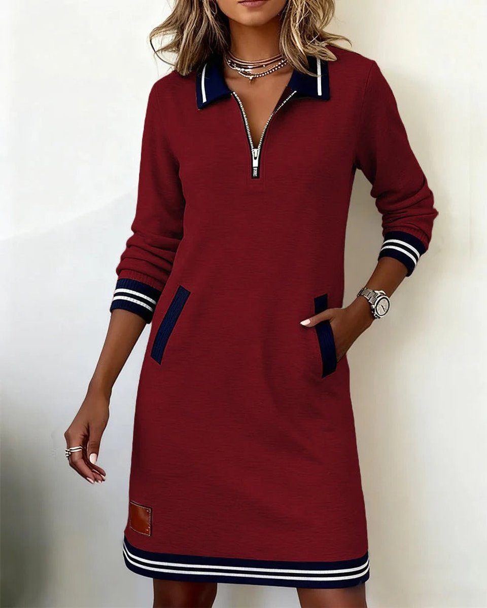 Women's Quarter-Zip Polo Long Sleeve Dress Striped Trim - Red