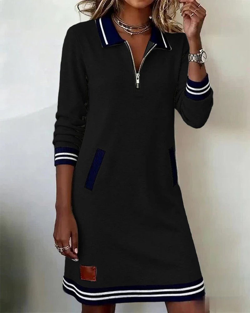 Women's Quarter-Zip Polo Long Sleeve Dress Striped Trim