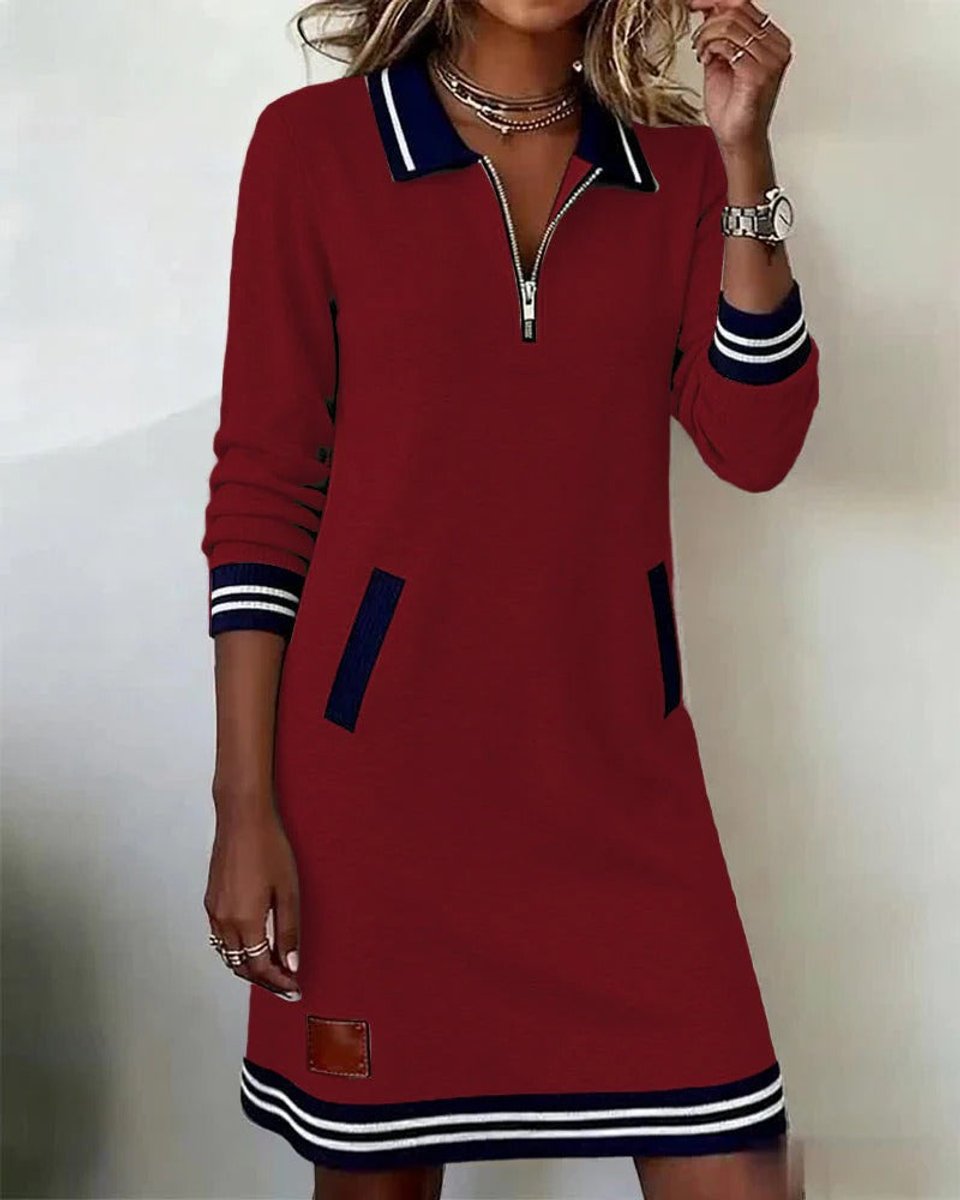 Women's Quarter-Zip Polo Long Sleeve Dress Striped Trim