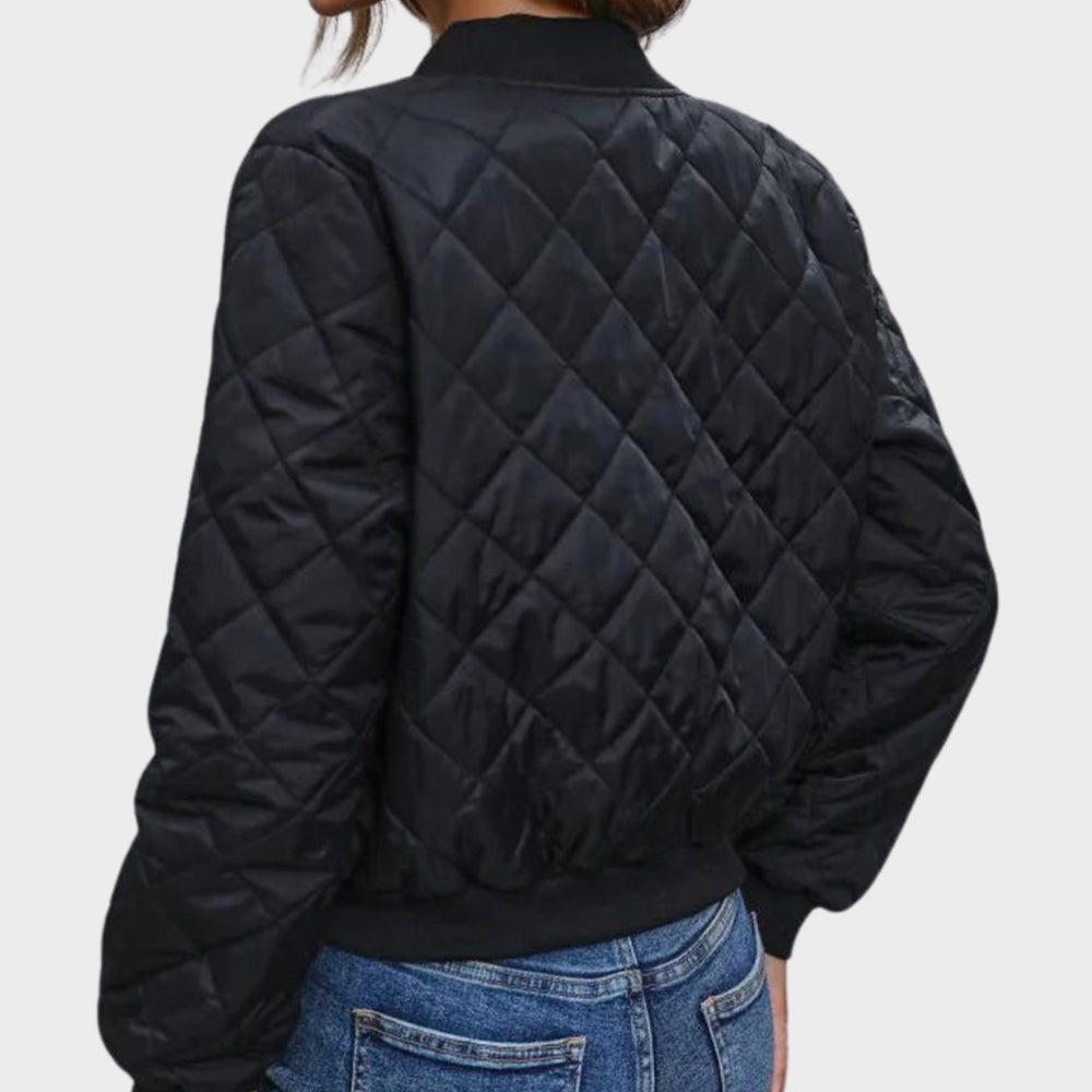 Women's Quilted Diamond-Stitch Cropped Zip-Up Bomber Jacket