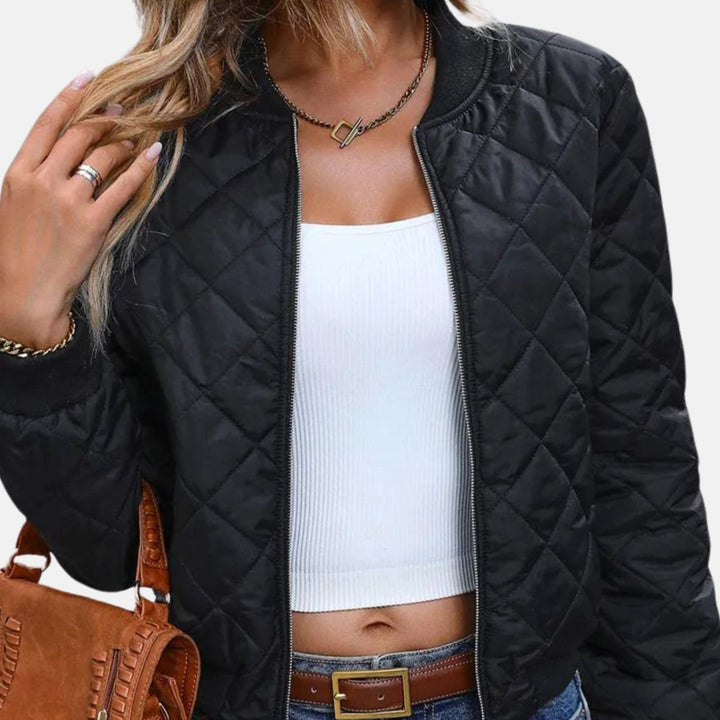 Women's Quilted Diamond-Stitch Cropped Zip-Up Bomber Jacket