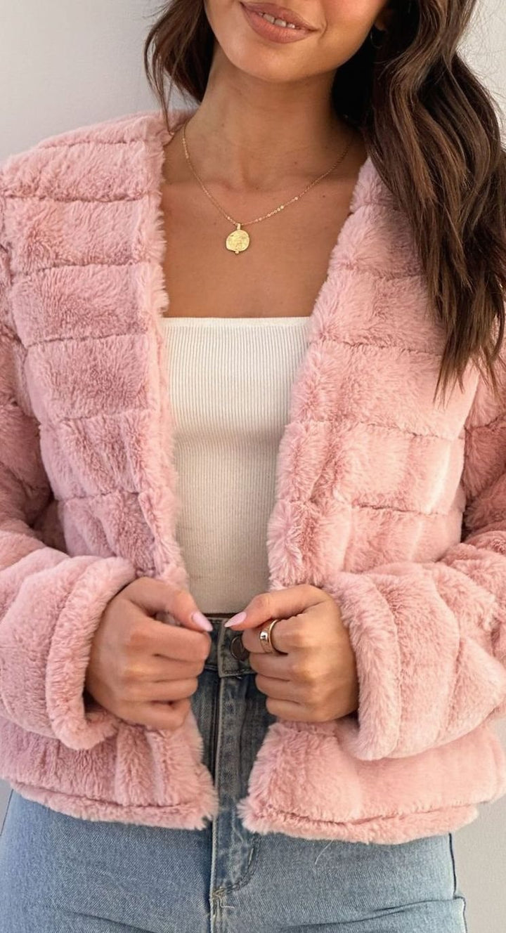 Women's Quilted Faux Fur Cropped Open-Front Evening Jacket - Pink
