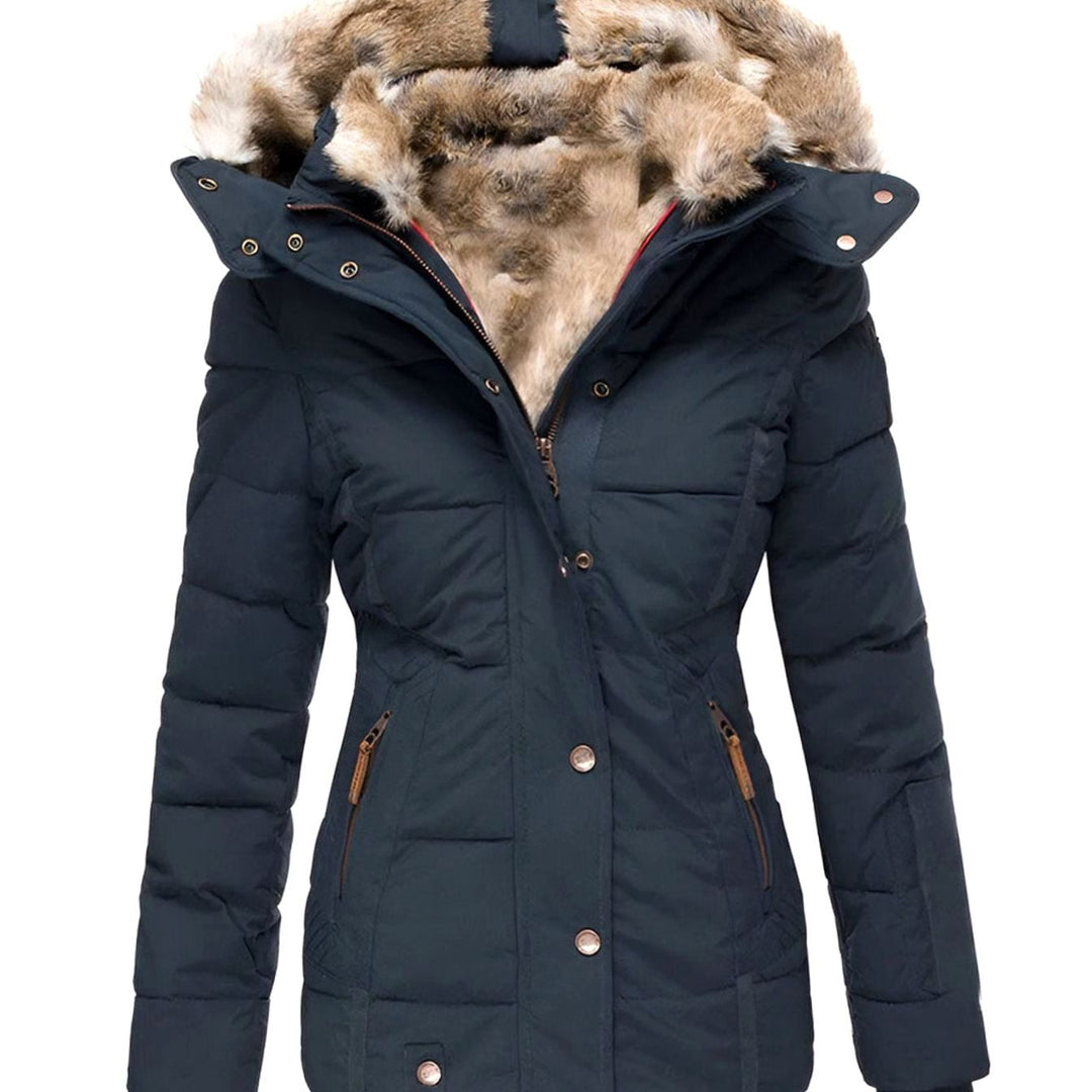 Women's Quilted Faux Fur Hood Insulated Puffer Jacket - Navy Blue