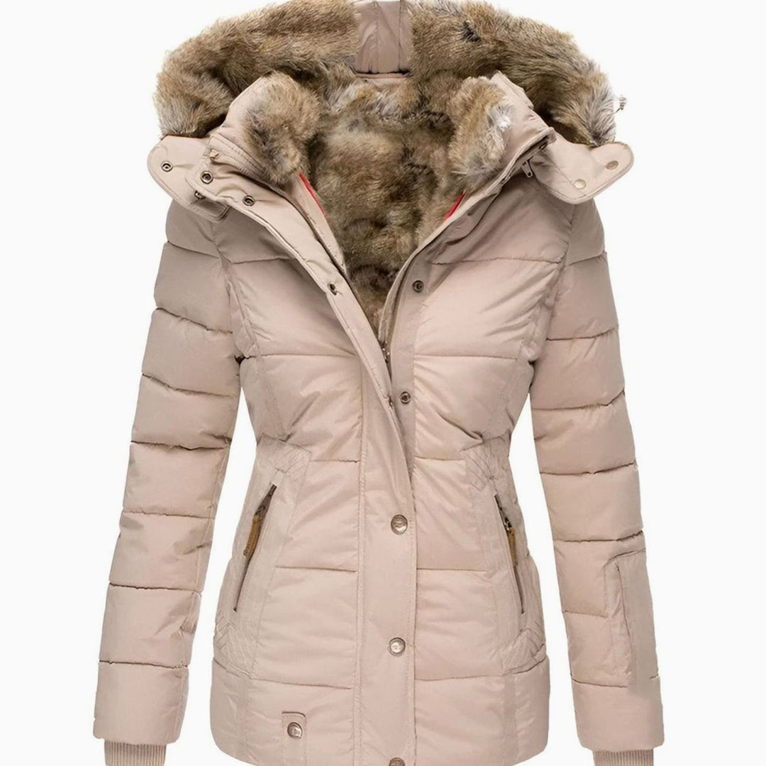 Women's Quilted Faux Fur Hood Insulated Puffer Jacket - Beige