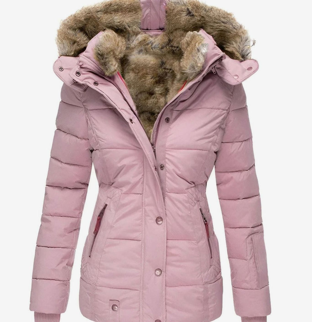 Women's Quilted Faux Fur Hood Insulated Puffer Jacket - Pink