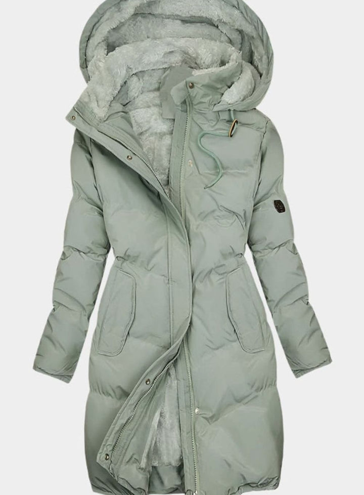 Women's Quilted Fleece-Lined Long Hooded Coat - Green