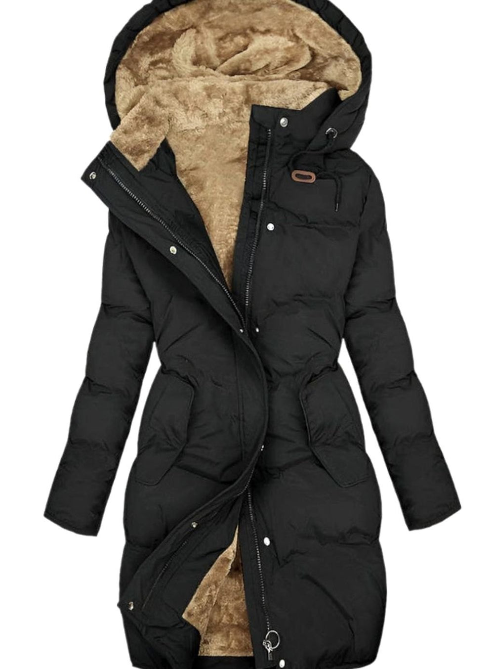 Women's Quilted Fleece-Lined Long Hooded Coat - Black