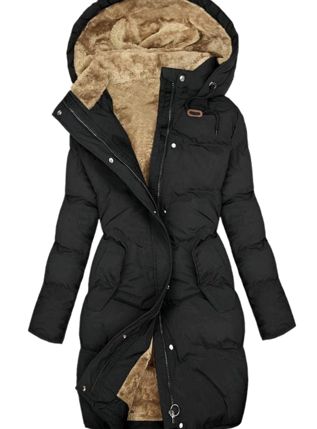 Women's Quilted Fleece-Lined Long Hooded Coat - Black